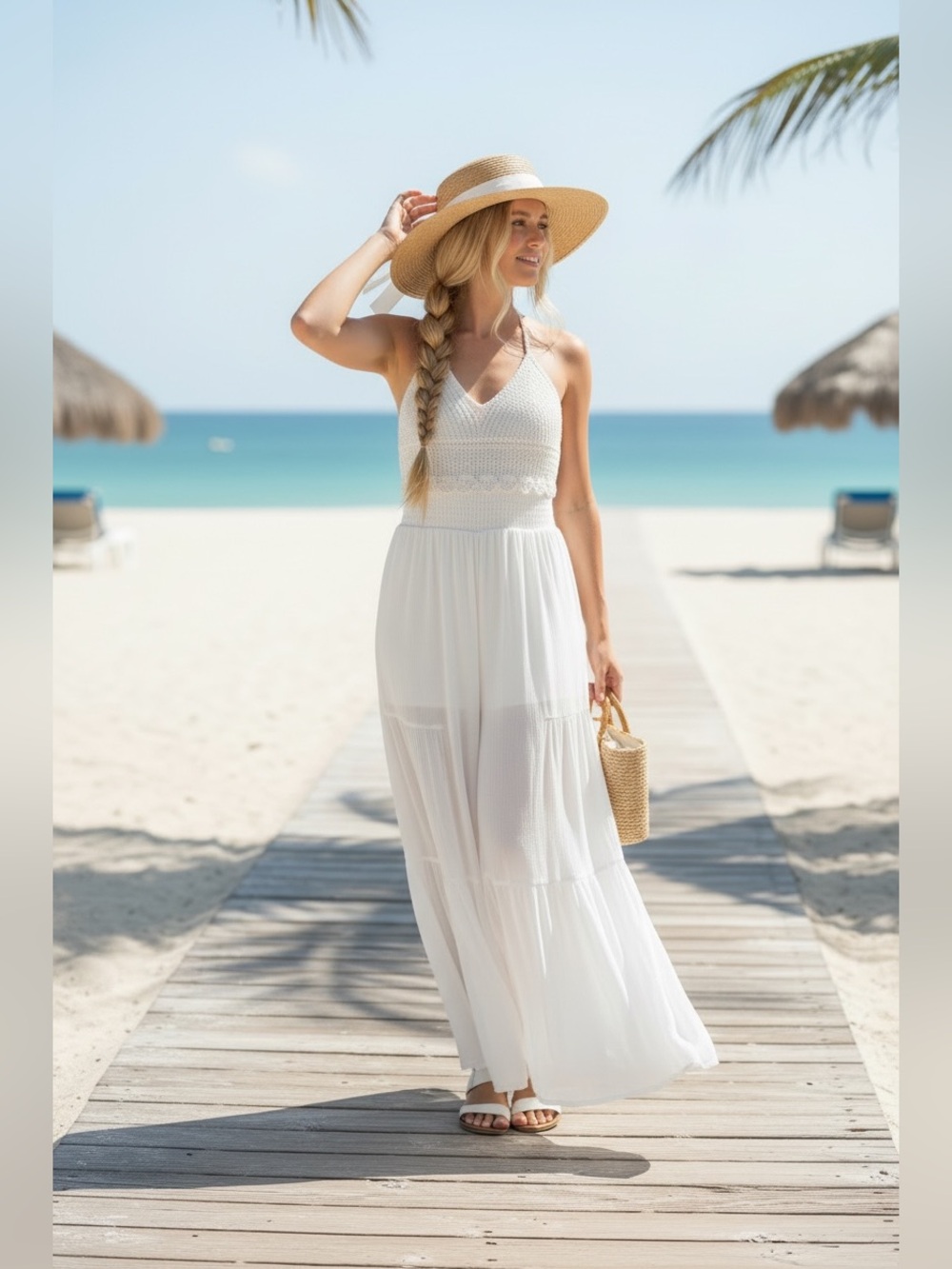 186 • White Crochet Bodice Halter Palazzo Pants Romper